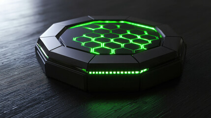 Poster - Hexagonal Pattern with Glowing Green Design on a Black Metallic Surface