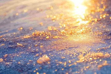 Poster - Shimmering ice surface with frozen water shards reflecting sunlight in a tranquil winter setting