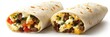 © Going Place - A breakfast burrito cut in half to display its egg-filled interior, positioned neatly on a white background