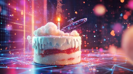 Wall Mural - Futuristic birthday cake with a spaceship and candle, lit and emitting smoke, on a neon-lit surface.