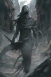 © PureStock - Pale necroticskinned thief emerges shadows dagger hand moving quiet confidence through ruined citys maze rubble decay