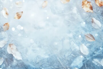 Poster - Icy surface reflecting light with leaves floating in a serene winter setting