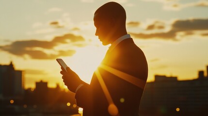 silhouette of businessman using smartphone at sunset.