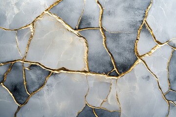 Poster - Cracked ceramic texture featuring intricate gold veins and contrasting gray hues