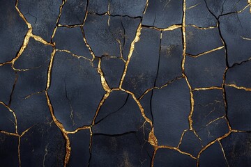 Poster - Cracked black ceramic texture embellished with gold lines showcasing intricate patterns and contrasts