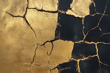 Poster - Cracked gold surface texture showcasing intricate details and contrasting dark patches in natural light