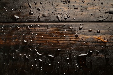 Poster - Texture of dark brown wood with water droplets reflecting light in a subtle ambiance of nature