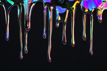 Poster - Fluid holographic paint drips glisten with vibrant colors against a dark background, creating an intriguing visual effect