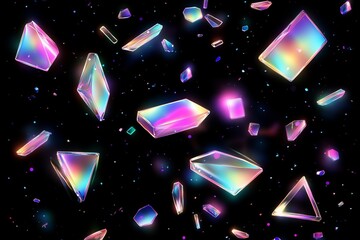 Poster - Glowing holographic geometric shapes floating in dark space with vibrant colors