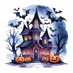 Wall Mural - Spooky Haunted House with Pumpkins and Bats for Halloween Decor