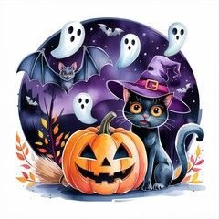 Wall Mural - Black Cat with Pumpkin and Halloween Elements in a Spooky Scene