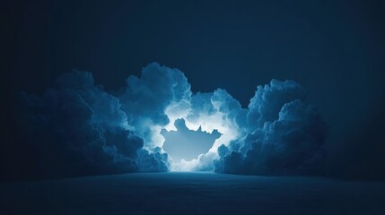 Poster - A dark blue minimalistic background with white clouds emerging from a tunnel, creating a peaceful and introspective mood