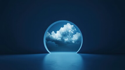 Poster - A dark blue minimalistic background with white clouds emerging from a tunnel, creating a peaceful and introspective mood