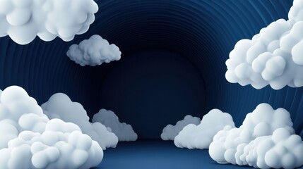 Poster - A dark blue minimalistic background with white clouds emerging from a tunnel, creating a peaceful and introspective mood