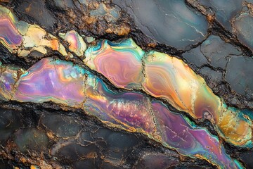 Poster - Polished holographic stone textured surface showcasing vibrant colors and intricate patterns