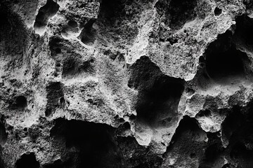 Poster - Rough volcanic rock texture showcasing porous surface features and unique geological formations in monochrome