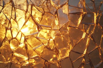 Poster - Shattered glass texture glowing with golden edges under warm light