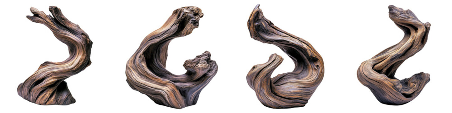 Four wooden sculptures of different shapes and sizes