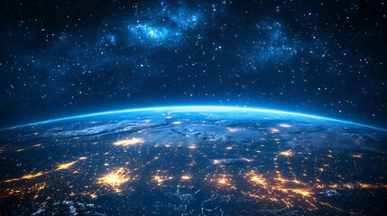 the earth with blue lights from the city a dark sky galaxy space
