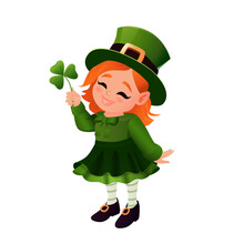 A cheerful vector illustration of a cute red-haired leprechaun girl dressed in traditional green attire, complete with a tall hat, striped stockings, and black shoes with gold buckles. She holds a