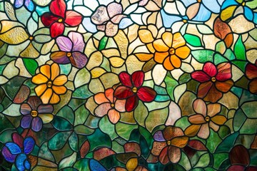Poster - Vibrant floral stained glass window design featuring colorful blossoms and intricate patterns in sunlight