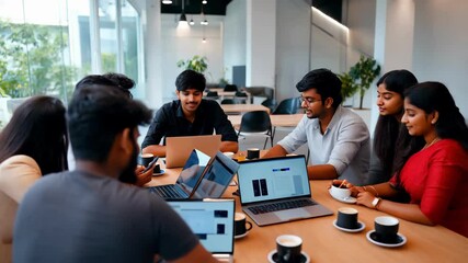 Indian software development team collaborating during project meeting, discussing strategy while working together in modern, bright office environment