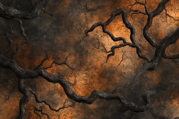 Aufkleber - Twisted tree roots create an intricate texture against a dark and earthy backdrop in a forest setting