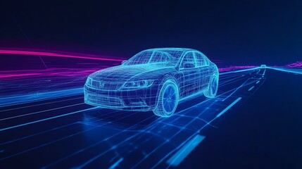 Poster - A futuristic car, rendered in a wireframe style, drives down a glowing highway.