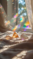 Poster - Natural Light Reflections on Colorful Crystals with Gentle Fabric Drapery