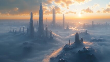 Canvas Print - Futuristic city above clouds, sunset glow.