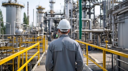 Poster - A factory worker wearing a hard hat strides purposefully through an industrial area filled with towering machinery and extensive piping. It's a bright day that enhances the metallic landscape