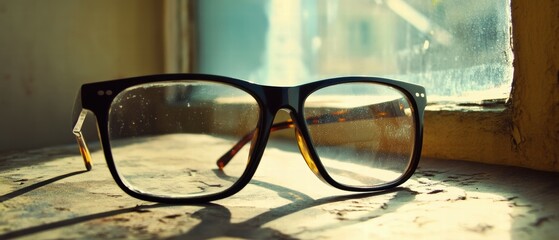 Poster - Stylish Black Glasses Resting on a Sunlit Windowsill with Dust Particles
