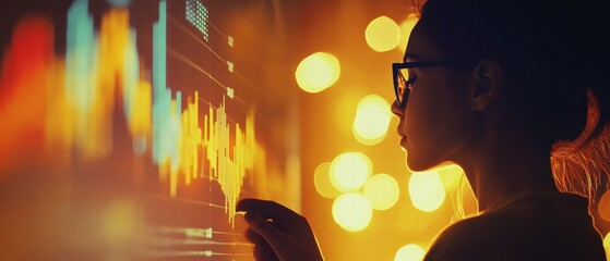 Poster - Profile of a Young Woman Analyzing Data on a Screen with Bokeh Background