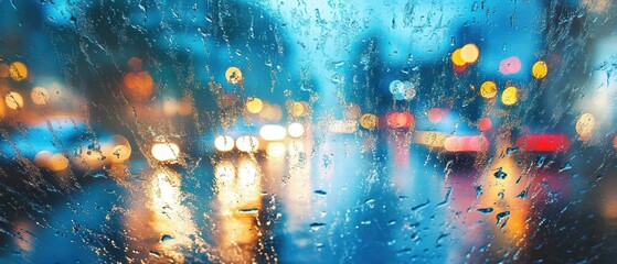 Poster - Vibrant Rainy City Street View Through a Wet Window with Bokeh Effect
