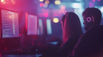 Poster - Young Programmers Working at Computers in Neon Lighted Tech Environment