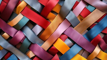 Poster - A vibrant and colorful abstract background featuring a woven pattern of ribbons in various shades of red, blue, purple, orange, and pink.