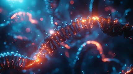 Poster - A glowing strand of DNA, a symbol of life and the building blocks of our existence, is illuminated in vibrant orange and blue hues.