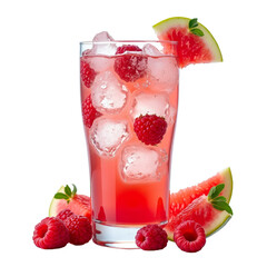 Wall Mural - Pink drink with raspberries, watermelon slices, and ice cubes in a glass