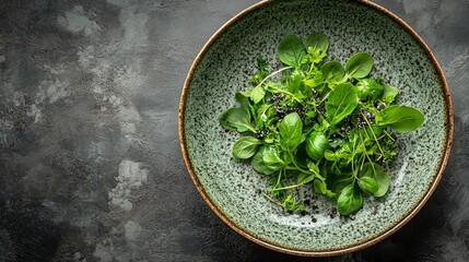 Wall Mural - Fresh leafy greens arranged artistically on a textured plate for a healthy salad