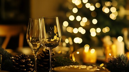 Wall Mural - champagne glasses and christmas tree
