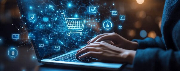 hands typing on laptop, online shopping, ecommerce payment security, placing order in online store, 