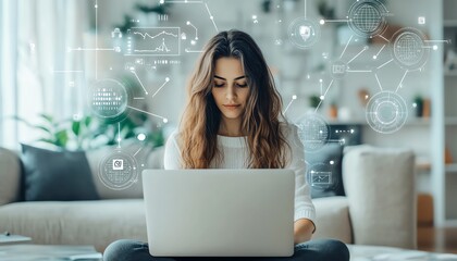 Poster - woman at home using a laptop, API application programming interface, artificial intelligence AI tools in business, software development, remote work, business tech support