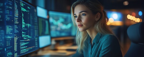 Poster - woman using a laptop in her office or at home