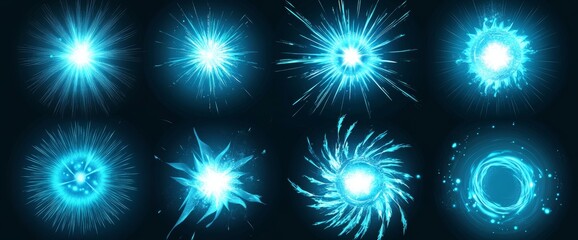 Wall Mural - Design a modern explosion of blue fireworks against a dark blue backdrop. Ideal for use in animations, games, anniversaries, New Year celebrations, festive events, and carnivals. The visuals are