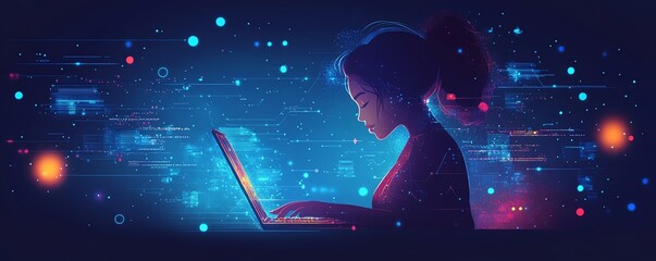 Poster - woman working on a laptop in her home office, software development tools, API programming, artificial intelligence AI for business, remote work, tech innovation