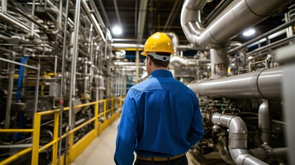 Aufkleber - In a bright yellow hard hat, a factory worker navigates the intricate pathways of a lively industrial setting, surrounded by pipes and heavy machinery, reflecting a day of focused productivity