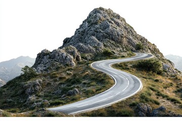 Winding mountain road curving around rocky peak.