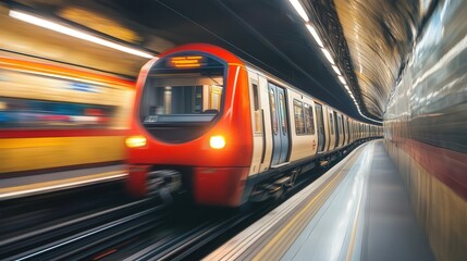 Poster - train in motion, the underground tunnel faint lights creating a dreamy, blurred background