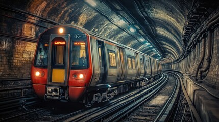 Poster - train in motion, the underground tunnel faint lights creating a dreamy, blurred background