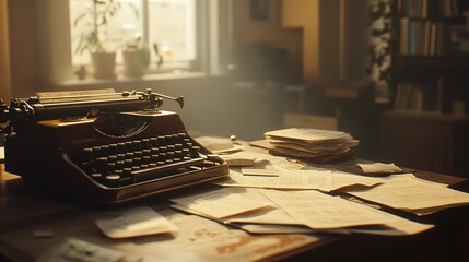 Fototapete - typewriter and scattered papers on a desk, the scene illuminated by warm light that casts soft shadows